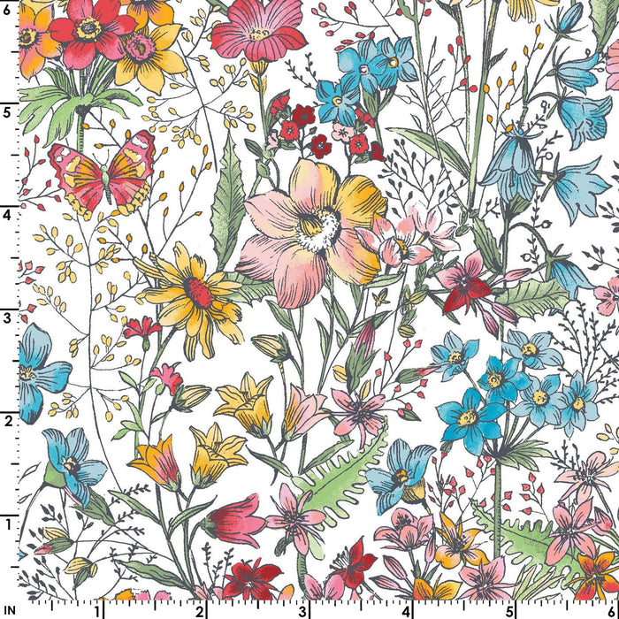 Meadow Edge - White Panel - Per PANEL - by Maywood Studio - Floral, Butterflies - 27" x 43" panel - MASD10001-W