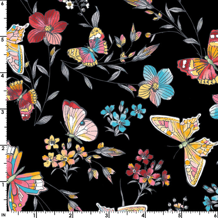 Clearance! Meadow Edge - Black Panel - Per PANEL - by Maywood Studio - Floral, Butterflies - 27" x 43" panel - MASD10001-J