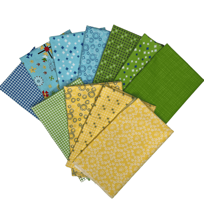 Oh Happy Day! - PROMO Fat Quarter Bundle - Blue, Green & Yellow - (11) 18" x 21" pieces - by Sandy Gervais - Riley Blake Designs