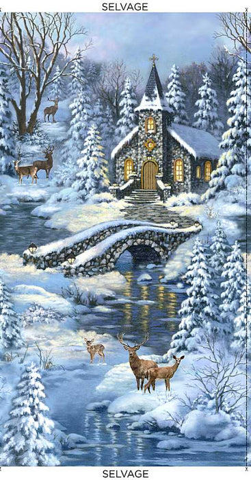 Winter's Peace - Church In The Forest PANEL - Per Panel - by Timeless Treasures - 24" x 43" panel - Blue - PANELCG C8662-Panels-RebsFabStash