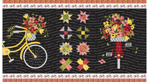 Petals & Pedals - Digital PANEL Black - per panel - by Jill Finley for Riley Blake Designs - Floral, Bike - 24" x 43" Panel! - PD11148 BLACK-Panels-RebsFabStash