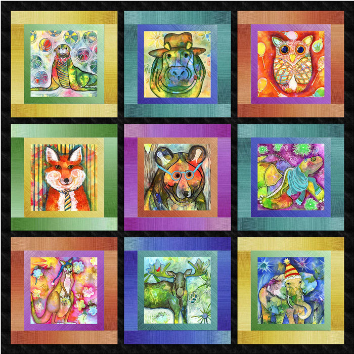 Party Animals - Block Panel - 42" panel with 12 " blocks - by KG Art Studio for P&B Textiles - Colorful Animals - PANI-4855-PA