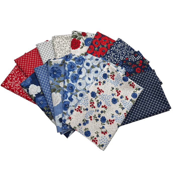 Sabrina - by Whistler Studios for Windham Fabrics - Patriotic Floral - PROMO Half Yard Bundle (15) 18" x 43" pieces