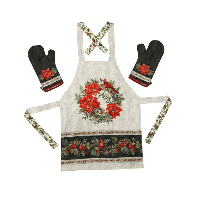 The Scarlet Feather - Apron and Mitt Panel KIT! - by Deborah Edwards for Northcott - DP23482-91 Gray, 43" x 43" panel + 1.25 Yards Holly Leaf Lining
