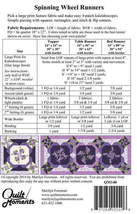 Spinning Wheel Runners - PATTERN - by Marilyn Foreman for Quilt Moments - Table Topper, Table Runner, Bed Runner - QM140