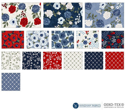 Sabrina - by Whistler Studios for Windham Fabrics - Patriotic Floral - PROMO Half Yard Bundle (15) 18" x 43" pieces