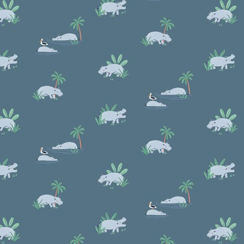 NEW! Safari Days - Hippos- Per Yard - by Kate J Jones for Dashwood Studio - Blue - SAFA-2161-Yardage - on the bolt-RebsFabStash