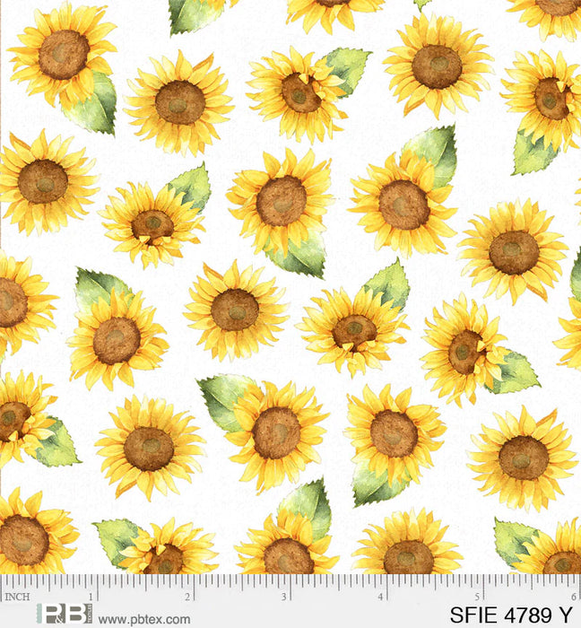 NEW! Sunflower Field - Tossed Flowers White - Per Yard - by Sandy Lynam Clough for P&B Textiles - Sunflowers, summer, floral - SFIE-04789-Y-Yardage - on the bolt-RebsFabStash