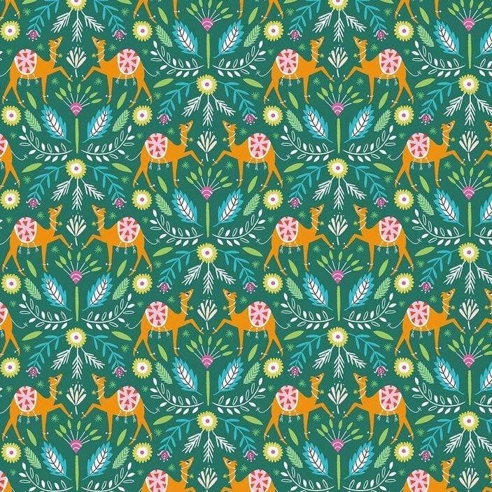 Silk Road Camels Green per yard by Ali Brookes for Dashwood Stud