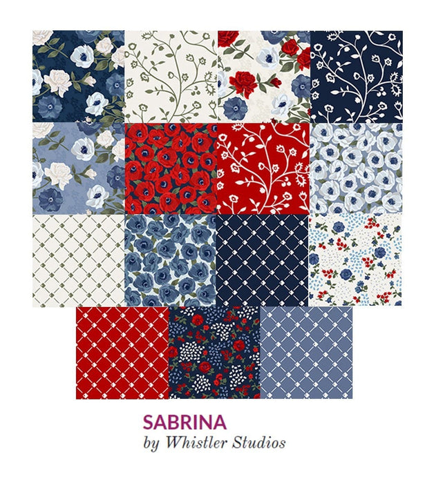 Sabrina - per yard -  by Whistler Studios for Windham Fabrics - Patriotic Floral - Medium floral Ivory Anemones on Cornflower 53478-3