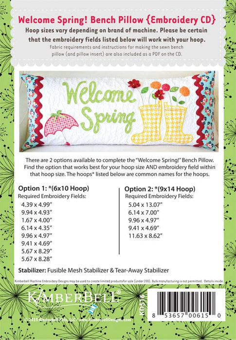 Welcome Spring Bench Pillow - Pattern - Machine EMBROIDERY CD - So Cute! - by Kimberbell - KD516
