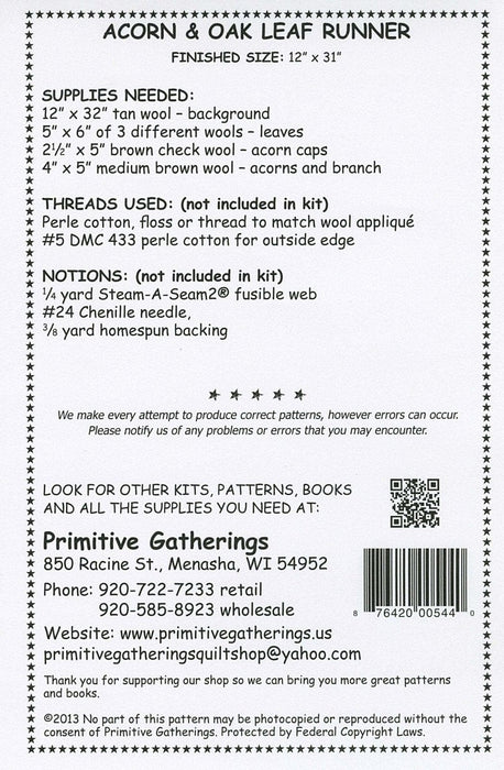 Acorn & Oak Leaf -Table Runner pattern-Primitive Gatherings -Lisa Bongean-Primitive, Wool applique, precut friendly #544 - RebsFabStash