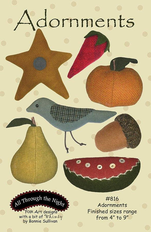 Adornments - Primitive wool or flannel decor pattern - bird, pumpkin, watermelon, pear, acorn, star - Bonnie Sullivan - RebsFabStash