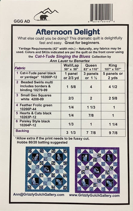 Afternoon Delight - Quilt Pattern - by Ann Lauer - Includes instructions for Wall/Lap, Queen, & King Quilt! Uses Cat-I-Tude Singing the Blues fabric by Ann Lauer! - RebsFabStash
