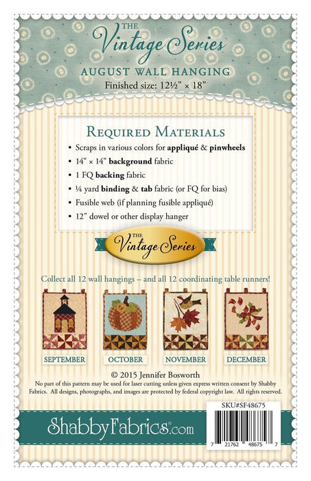 August Wall Hanging- Pattern - by Shabby Fabrics - 12" x 18" - The Vintage Series