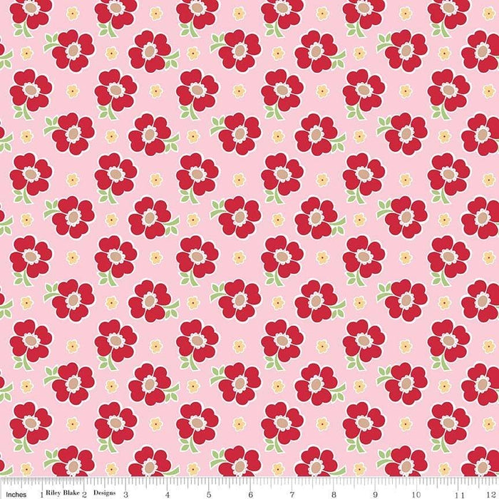 Bake Sale 2 Fabric Collection- by the yard - Lori Holt for Riley Blake Designs - Let's Bake Quilt Along (C) - Nutmeg Flowers on White - RebsFabStash
