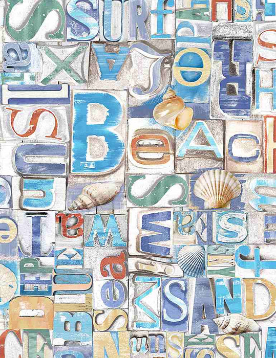 Beach Day - Beachy Words on Wood - per yard- Timeless Treasures - Sayings, Seashells - BEACH-C8459 MULTI - RebsFabStash