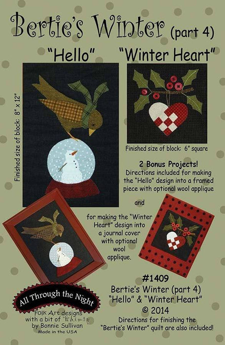 Bertie's Winter - Block of the Month Quilt Pattern - Bonnie Sullivan - Complete Set 4 blocks - Flannel or Wool Applique - Bonus projects!! - RebsFabStash