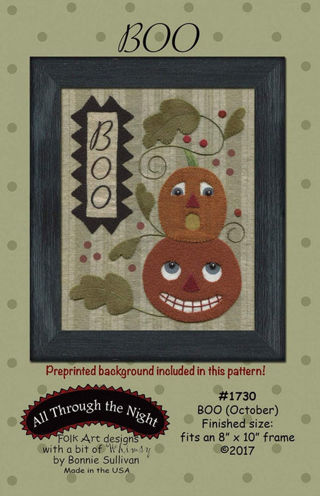 Boo -October- Preprinted embroidery applique pattern - Bonnie Sullivan-Flannel or Wool-All Through the Night -Primitive, applique - RebsFabStash