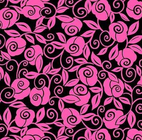 Brooke Fabric Collection by Studio 8 - Per Yard - Quilting Treasures - Shannon Ownby Quilt Along - Pink floral buds and scroll on black - RebsFabStash