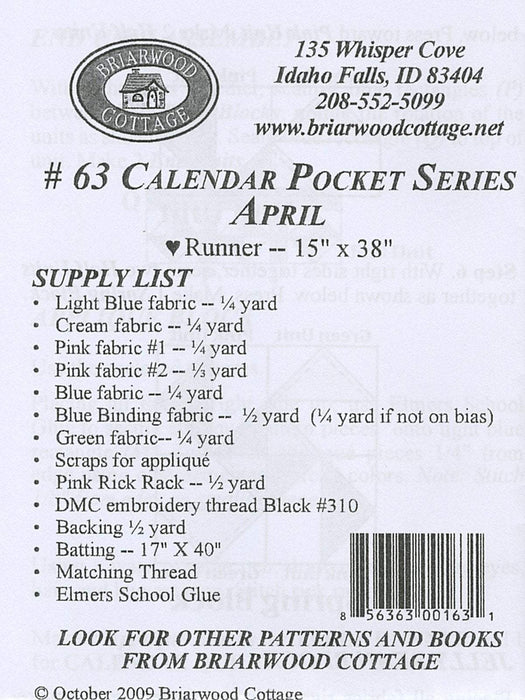 Calendar Pocket Series- April - Mini pattern- Briarwood Cottage - Table topper - RebsFabStash
