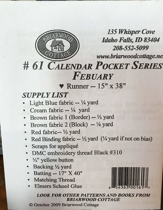 Calendar Pocket Series- February - Mini pattern- Briarwood Cottage - Table topper - RebsFabStash