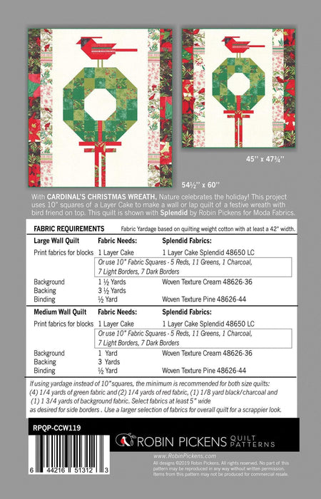 Cardinal's Christmas Wreath quilt pattern designed by Robin Pickens - uses splendid fabrics or Christmas fabrics! Layer cake Friendly - 2 sizes! - RebsFabStash