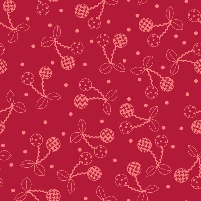 Cheerful Cherries - Per Yard- Kimberbell Basics - Maywood Studio - Pink Cherries on Red MAS 8245-PR - RebsFabStash