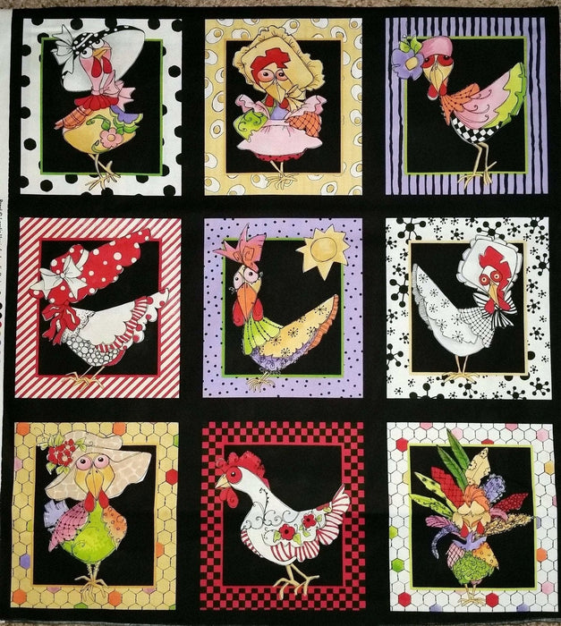 Chicken Chique - Panel/Blk - Loralie Harris Designs - Chic Chicks on Black - Panel - RebsFabStash