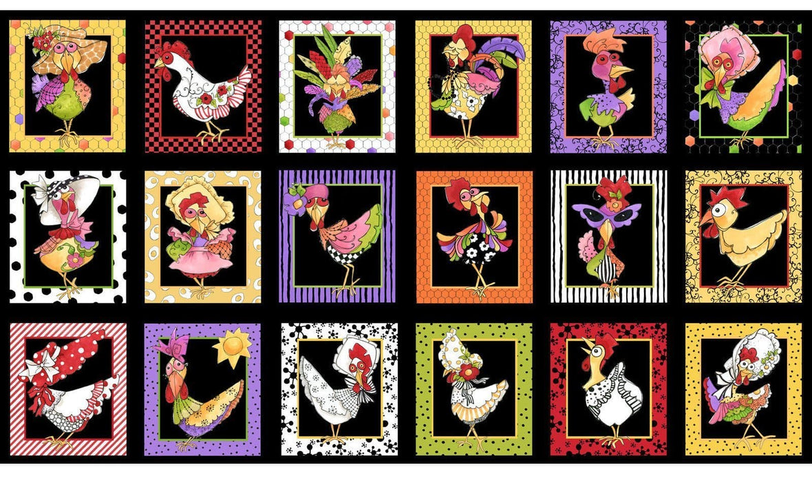 Chicken Chique - Per Yard - Loralie Harris Designs - Funny Chickens on Black Border Stripe Print! Chicken Strips! 692-268 - RebsFabStash