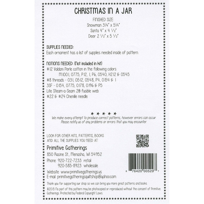 Christmas in a Jar - Ornament pattern- Primitive Gatherings by Lisa Bongean -Primitive, Wool Applique, precut friendly #529 - Christmas - RebsFabStash
