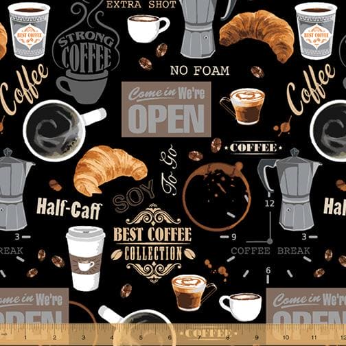 Coffee Shop - per yard - by Whistler Studios for Windham - Coffee Shop Signs- 52259-2 - black - RebsFabStash
