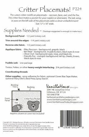 Critter Placemats - Pattern - Vanilla House designs - Barbara Brunson - Placemats - Owl, Raccoon, bear, fox, animals P224 - RebsFabStash