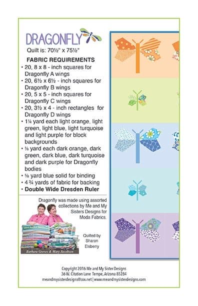 Dragonfly - Quilt PATTERN - by Me and My Sister Designs - Double Wide Dresden - Assorted collections from Moda - RebsFabStash
