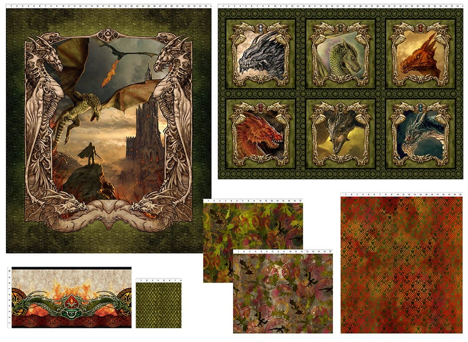 NEW! Dragons "The Ancients" - flames - green - Per Yard - Jason Yenter - In the Beginning Fabrics - 5DRG-3