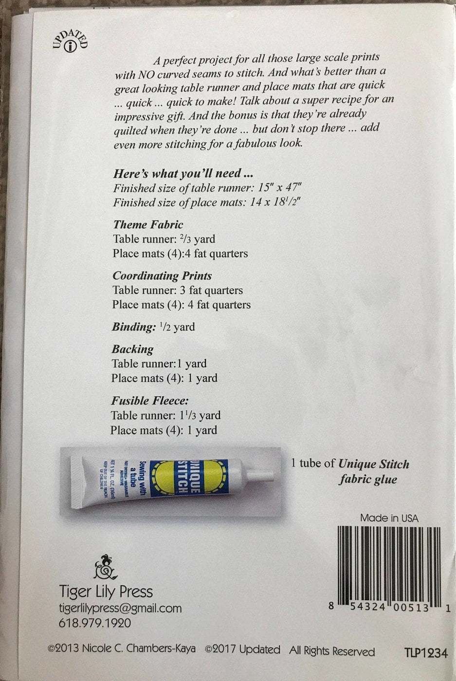 EZ Breezy Table Runner & Place Mat pattern Tiger Lily Press Quil