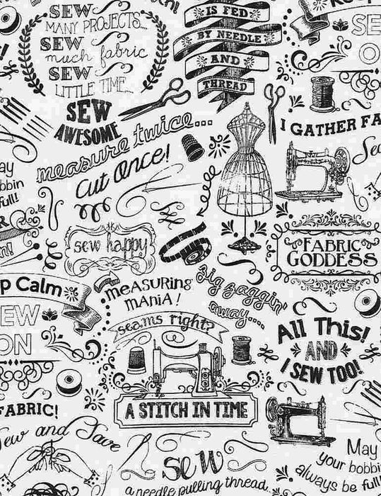 Fabric Goddess - Sewing Words - per yard - by Gail Cadden for Timeless Treasures - Black on White - Gail-C3417 WHITE - RebsFabStash