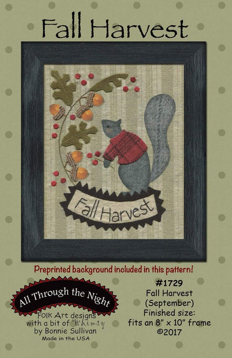 Fall Harvest -September- Preprinted embroidery applique pattern - Bonnie Sullivan-Flannel or Wool-All Through the Night -Primitive, applique - RebsFabStash