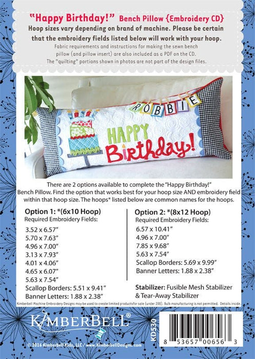Happy Birthday Bench Pillow - Pattern - Machine EMBROIDERY CD - by Kimberbell - Interchangeable Covers and Bench Pillow - KD530 - RebsFabStash