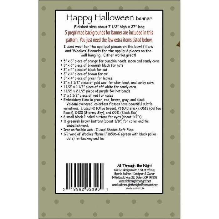 Happy Halloween Banner - Preprinted embroidery applique pattern - Bonnie Sullivan-Flannel or Wool-All Through the Night -Primitive, applique - RebsFabStash