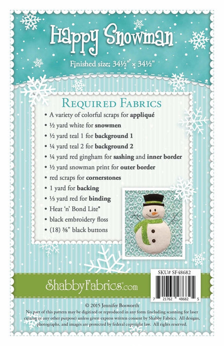 Happy Snowman Wall Hanging- Pattern - by Shabby Fabrics - 34.5" x 34.5" - RebsFabStash
