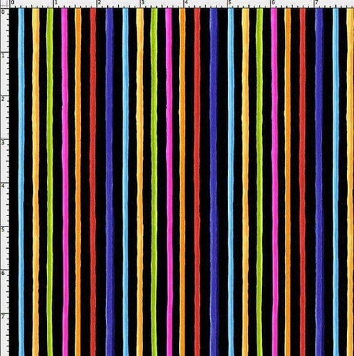 Happy Stripe Black -per yard - Loralie Harris Designs - Multi colored stripe on black - RebsFabStash - 691795