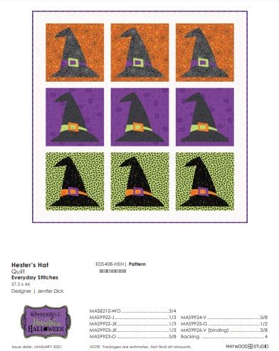 Hester's Hat - Quilt KIT - by Jenifer Dick - Everyday Applique - Everyday Stitches - Features Hometown Halloween - 57" x 66"