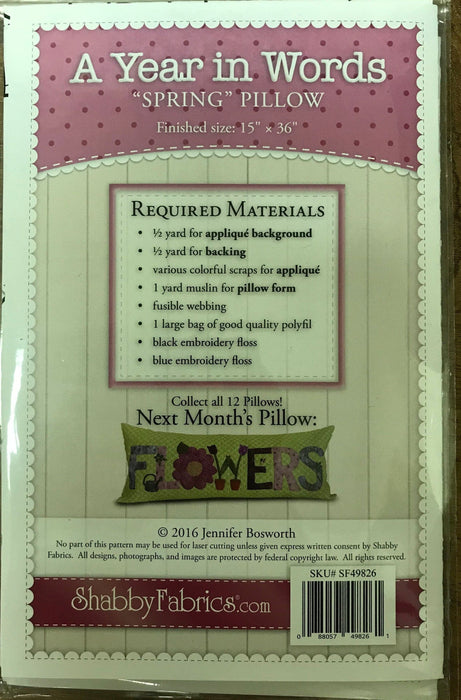 A Year in Words "Spring" Pillow - April - Pillow Pattern - Shabby Fabrics designed by Jennifer Bosworth - home decor, pillow, pattern