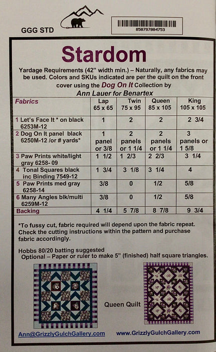 Stardom - Quilt Pattern - uses Dog On it fabrics by Ann Lauer for Benartex - Grizzly Gulch Gallery - Lap, Twin, Queen, or King Sized Quilt Options