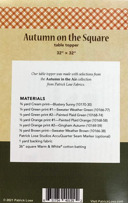 NEW! Autumn on the Square - Table Topper PATTERN - by Patrick Lose Studios - Features Autumn in the Air Fabric by Patrick Lose for Northcott - 40129