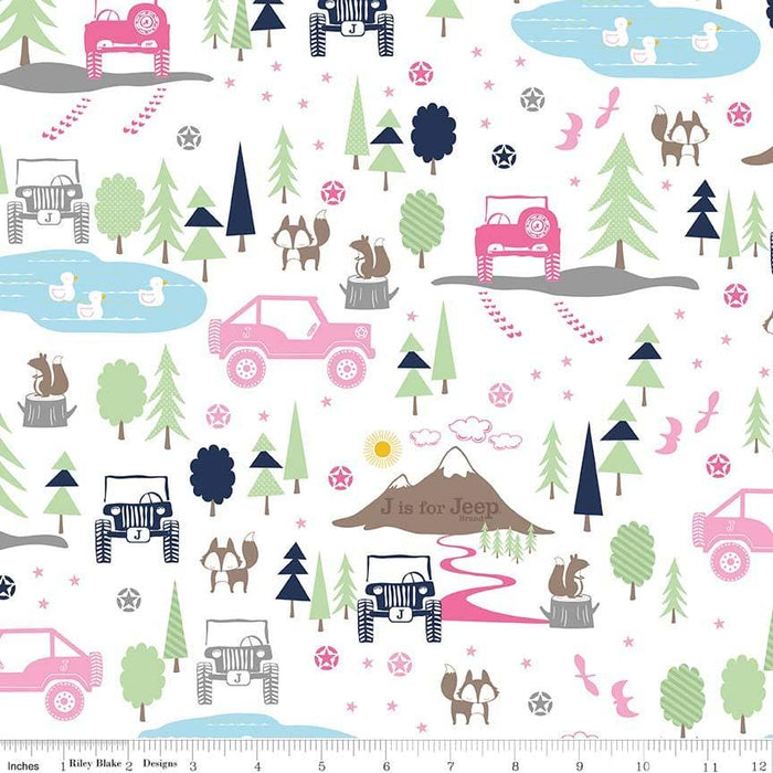 J is for Jeep - per yard - Official Licensed product - Riley Blake - white tire treads on pink - RebsFabStash