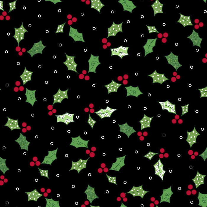 Jingle All the Way - Per Yard - Maywood Studio - Holly and berries on black - Kim Christopherson, Christmas fabric - C - RebsFabStash