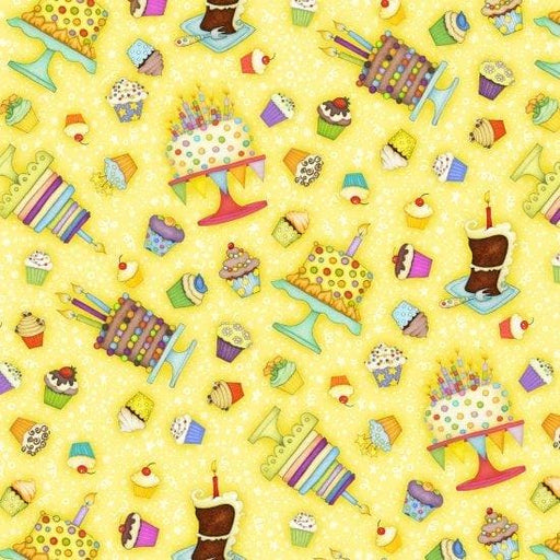 Let's Celebrate - per yard - Henry Glass by Beth Logan - Cakes on Yellow 1068-44 EOB - RebsFabStash