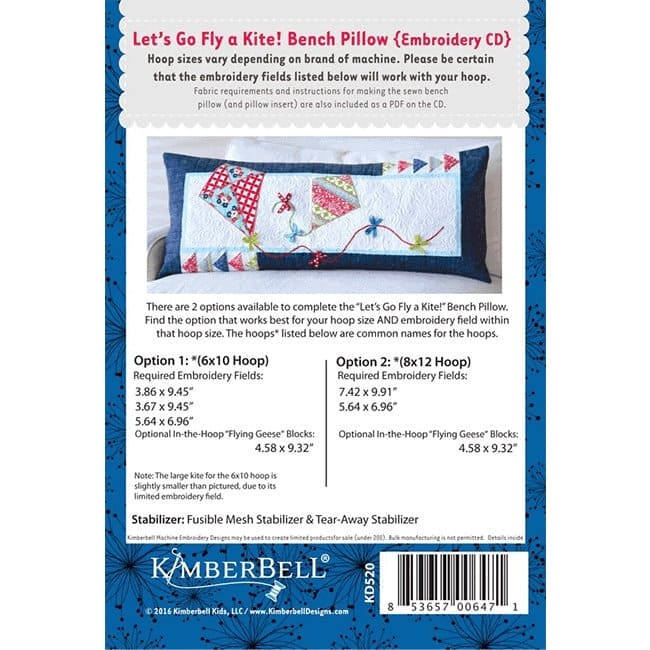 Let's Go Fly a Kite! Bench Pillow - PATTERN - Machine EMBROIDERY CD - by Kimberbell - Interchangeable Covers and Bench Pillow - KD520 - RebsFabStash
